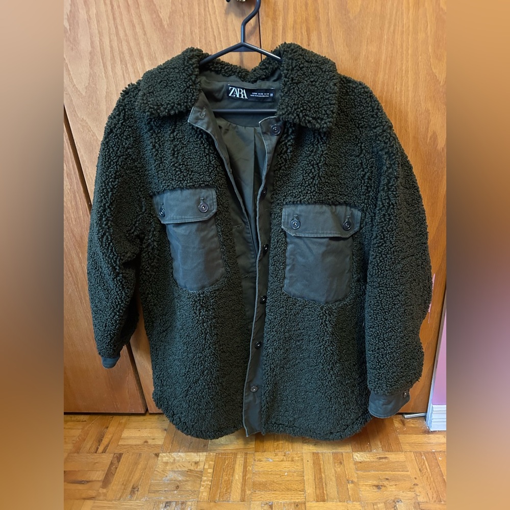 Zara olive green Teddy Shacket, size extra small